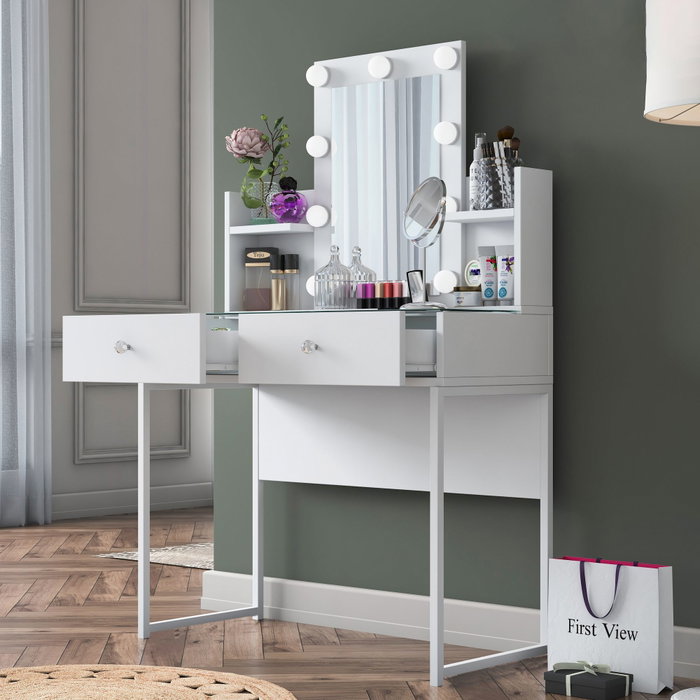 Hanah Home Mesa de Maquillaje con 9 Focos en Blanco